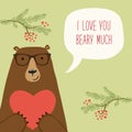 Cute retro hand drawn Valentine`s Day card as funny Bear with Heart and speech bubble Royalty Free Stock Photo