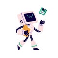 Cute retro robot, android character with floppy disk and computer folder. 90s robotic machine with diskette for