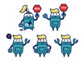 Cute retro robot vector cartoon character pose set with broken 404 not found and stop sign