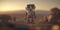Cute retro rustic metal robot on a desert landscape. Toy innovative machine friend coming to say hello during sunset.