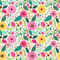 Cute retro seamless pattern with hand drawn rustic flowers