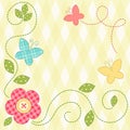 Cute retro spring card as patch fabric applique of flowers and butterflies Royalty Free Stock Photo