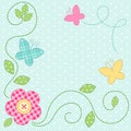 Cute retro spring card as patch fabric applique of flowers and butterflies Royalty Free Stock Photo