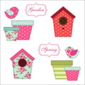 Cute retro spring and garden elements as fabric patch applique of bird house, flowers in pots and birds Royalty Free Stock Photo