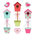 Cute retro spring and garden elements as fabric patch applique of bird house, flowers in pots and birds Royalty Free Stock Photo