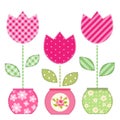 Cute retro spring and garden elements as fabric patch applique of flowers in pots Royalty Free Stock Photo