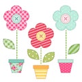 Cute retro spring and garden elements as fabric patch applique of flowers in pots Royalty Free Stock Photo