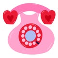 Cute retro telephone clipart with dial and hearts. Hand drawn vector illustration isolated on background. Concept of love, romance