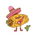 Cute retro toon burrito mascot with sombrero and guitar icon. Vintage Cartoon of mexican food character playng music and Royalty Free Stock Photo