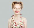Cute retro vintage pin-up girl with closed eyes smiling