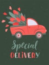 Cute retro waggon delivering flowers. Special delivery. Valentine`s day, birthday or wedding concept. Love, Romantic vector