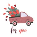 Cute retro waggon delivering flowers. Special delivery. Valentine`s day, birthday or wedding concept. Love, Romantic vector