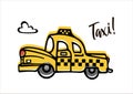 A cute retro yellow taxi car rushes along the road. Childrens illustration in doodle style. For stickers, posters