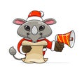 cute rhino wearing santa costume holding megaphone and reading script ad, cartoon animal mascot in christmas costume