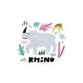 Cute rhinoceros flat hand drawn illustration