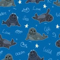 Cute ringed seals, nerpas, cartoon drawing adorable animals on blue background with handwritten elements seamless pattern,