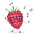 Cute ripe Raspberry berry cartoon character in glasses dances to music. Logo, template, design. Vector illustration, a flat style