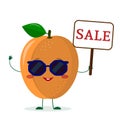 Cute ripe apricot cartoon character in sunglasses holding a sale sign. Logo, template, design. Vector illustration, flat