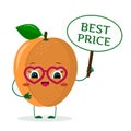 Cute ripe apricot cartoon character in sunglasses keeps a sale sign. Logo, template, design. Vector illustration, a flat