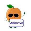 Cute ripe apricot character in sunglasses keeps the signboard welcome. Logo, template, design. Vector illustration, a