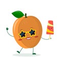 Cute ripe apricot character in sunglasses star in the hands of a colorful ice cream. Logo, template, design. Vector