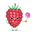 Cute ripe raspberries berry cartoon character with lollipop. Logo, template, design. Vector illustration, a flat style