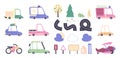 Cute road and transport collection. Cartoon vehicle transport icons bus car truck with traffic signs trees bushes