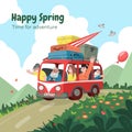 Cute road travel. Car adventure. Family journey. Happy spring. Flowers and vehicle. Van with luggage. Auto summer