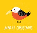 Cute robin bird holding a branch of Christmas tree, whimsical Christmas greeting card design, yellow background