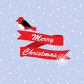 Cute robin bird with merry Christmas banner in snow