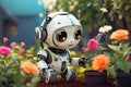 Cute robot admiring flowers in garden