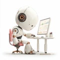 Cute robot analyzing data at desk with modern computer and colorful charts Royalty Free Stock Photo
