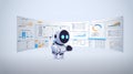 cute robot analyzing statistics financial data on virtual boards artificial intelligence technology concept