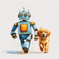 Watercolor illustration of a blue and orange robot walking alongside a golden retriever. Royalty Free Stock Photo