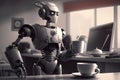 cute robot assistant, bringing cup of coffee to busy executive, in futuristic office setting