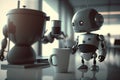 cute robot assistant, bringing cup of coffee to busy executive, in futuristic office setting