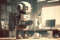 cute robot assistant, bringing cup of coffee to busy executive, in futuristic office setting