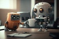 cute robot assistant, bringing cup of coffee to busy executive in office