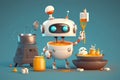 cute robot assistant, helping with cooking and baking, bringing ingredients and utensils for tasty treat