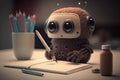 cute robot assistant taking notes at meeting, with pencil and paper Royalty Free Stock Photo