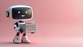 Cute robot with black screen face holding stack of papers. Small android character with happy smile carries documents. Future bot Royalty Free Stock Photo