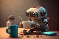 cute robot on a break from work, sipping coffee and browsing the internet