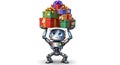 Cute robot carrying a large stack of colorful gift boxes isolated on white background Royalty Free Stock Photo