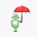 Cute robot carrying an umbrella in the rain