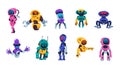 Cute robot. Cartoon artificial intelligence bot mascot, funny robot characters wit arms legs and electronic heads