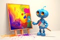 Cute robot character engaged in painting, with a paintbrush and easel. Concept of computer generated art. Colorful cartoon style