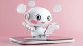 Cute robot character on smartphone displaying digital technology concept