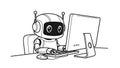 Cute Robot Character Working on a Computer with Keyboard and Mouse, Line Art Royalty Free Stock Photo