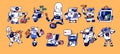 Cute robot characters set. Android bots, AI assistants in retro futuristic style. Smart service machines, funny childish