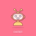 Cute robot chatbot icon in comic style. Bot operator vector cartoon illustration pictogram. Smart chatbot character business